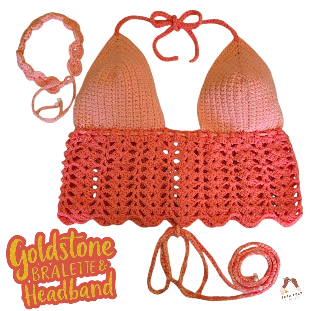 Coral/Peach Goldstone Bralette/Headband Set, Large, Handmade Crochet